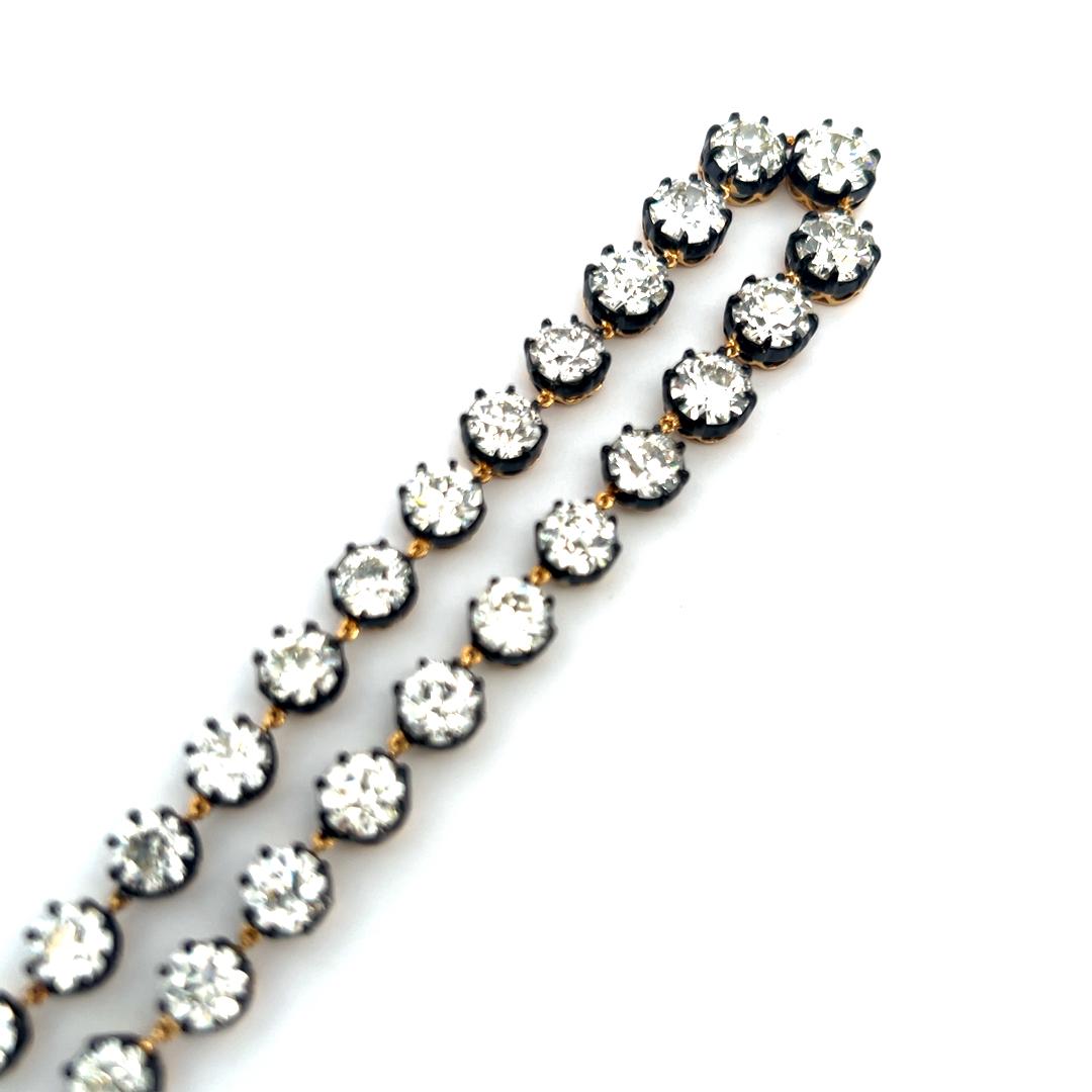 48.6 Carat Old European Cut Diamond 18K Gold-Silver Riviera Necklace