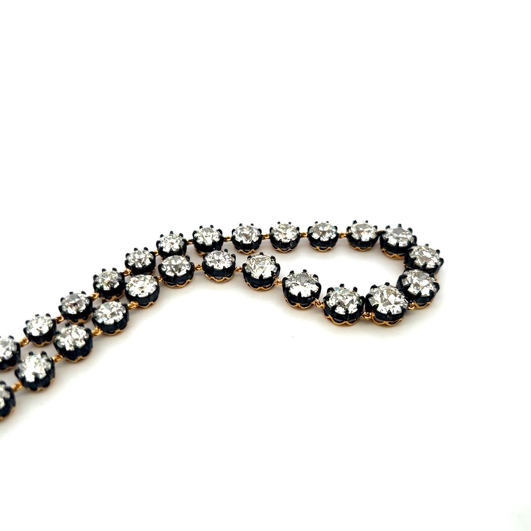 48.6 Carat Old European Cut Diamond 18K Gold-Silver Riviera Necklace