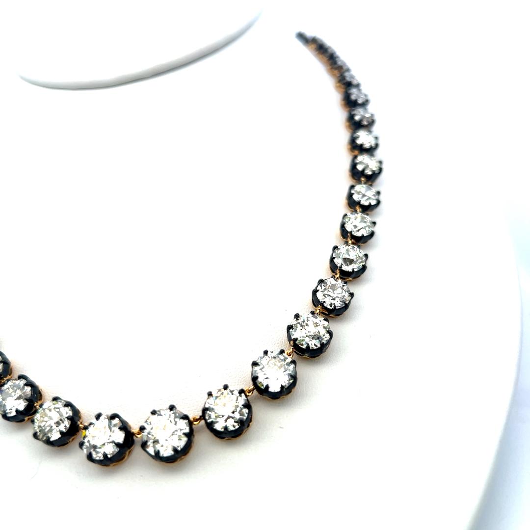 48.6 Carat Old European Cut Diamond 18K Gold-Silver Riviera Necklace