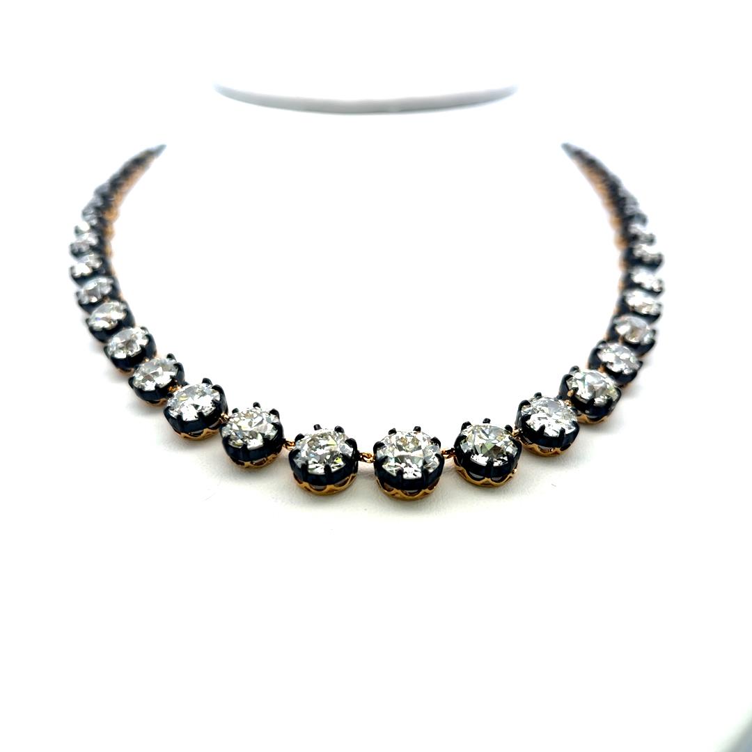 48.6 Carat Old European Cut Diamond 18K Gold-Silver Riviera Necklace
