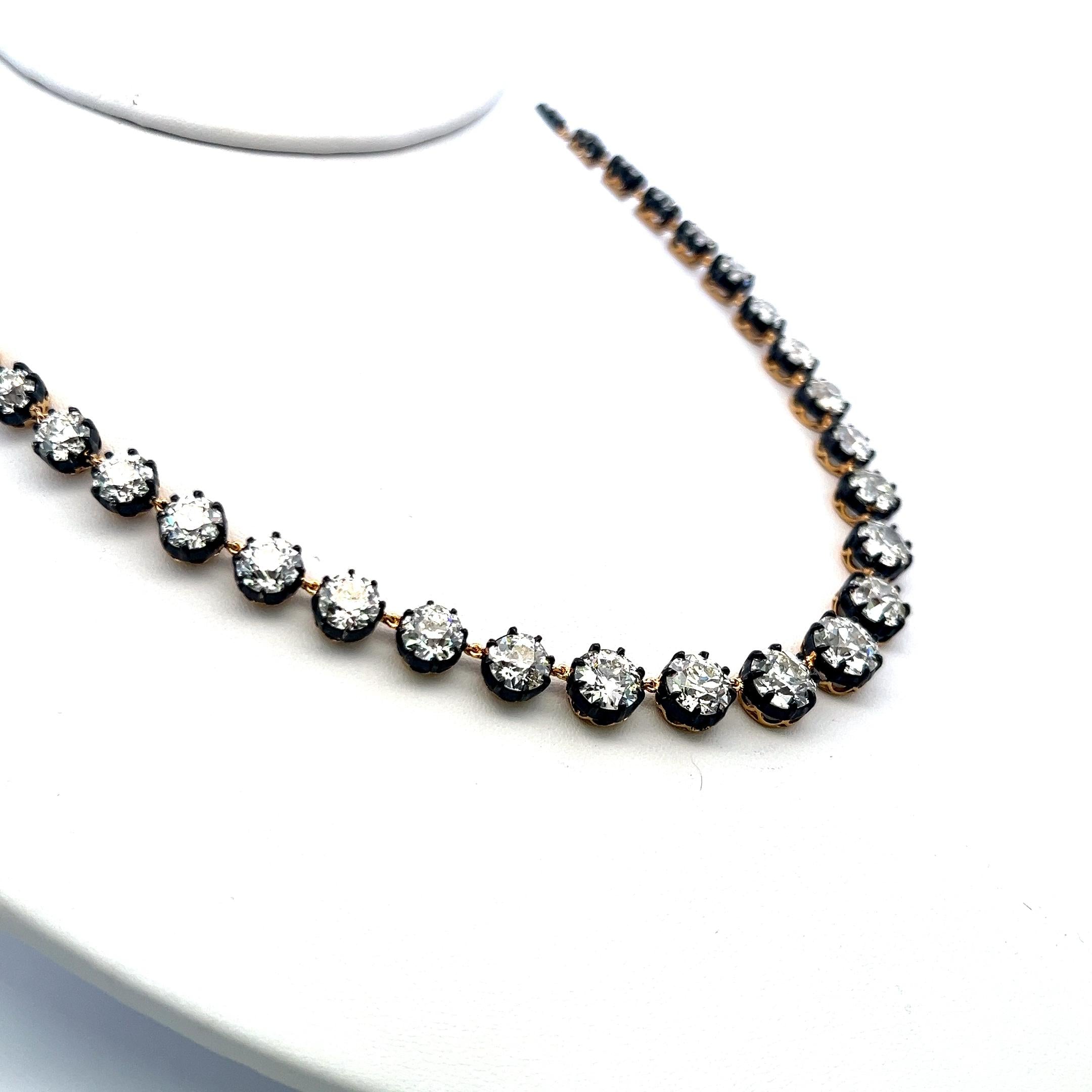 48.6 Carat Old European Cut Diamond 18K Gold-Silver Riviera Necklace