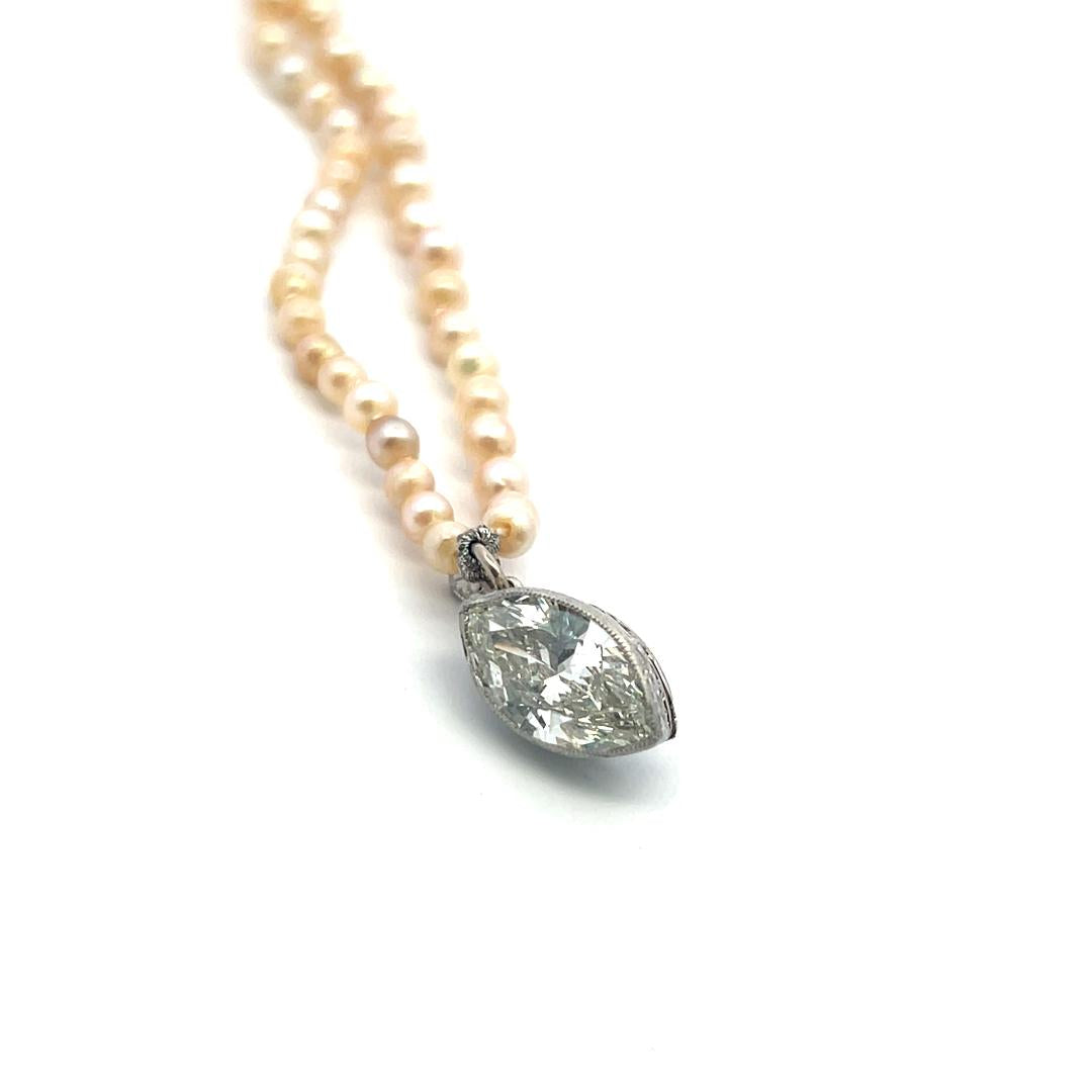 1.55 Carat Marquis Shape Diamond 2.65-7.11MM Pearl 18K White Gold Beed Necklace