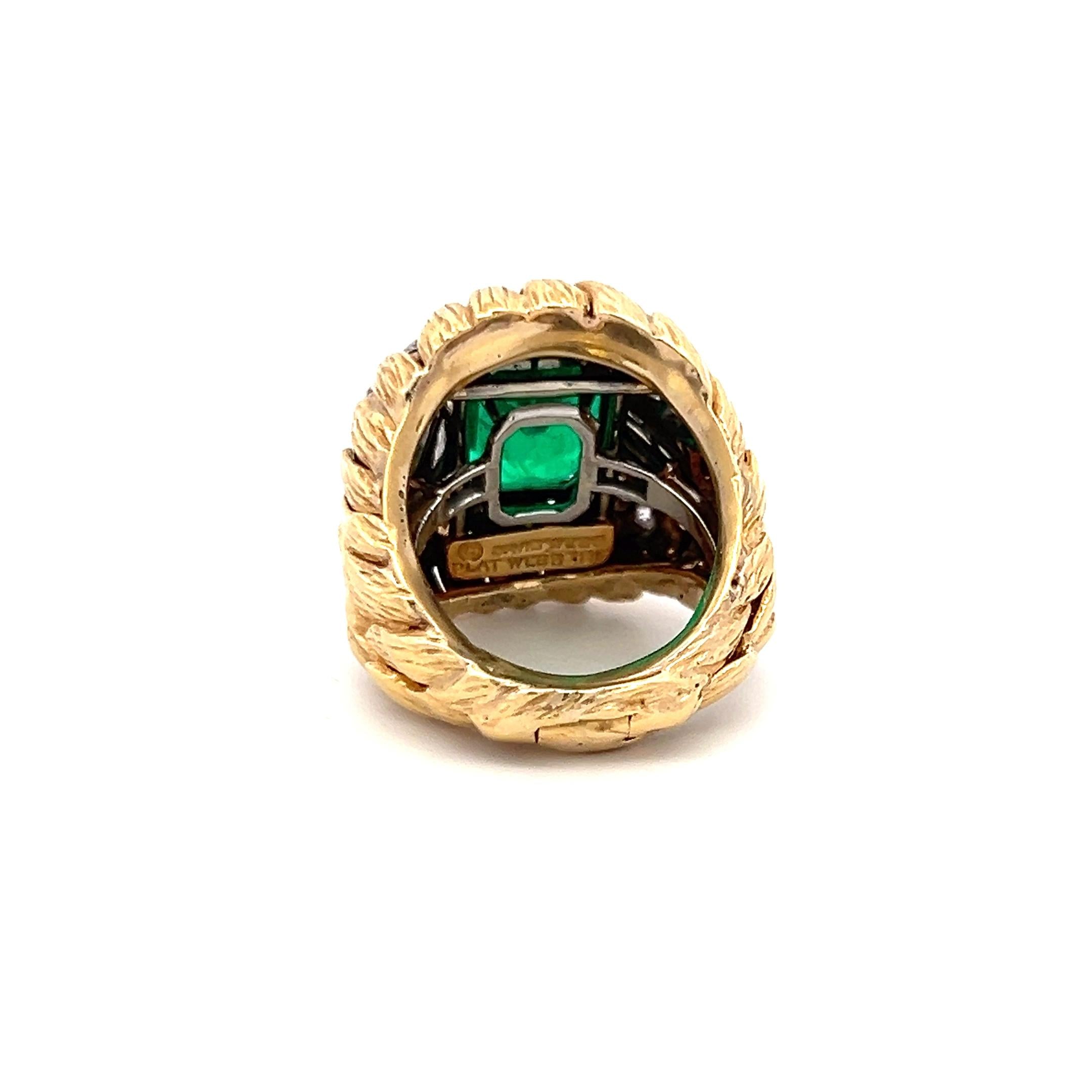 David Webb 6.00 Carat Emerald 0.46 Carat Baguette Diamond 18K YG Cocktail Ring