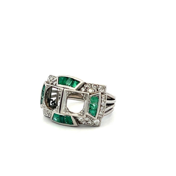 1.00 Carat Emerald 0.56 Carat Old European Cut Diamond Platinum Semi Mount Ring