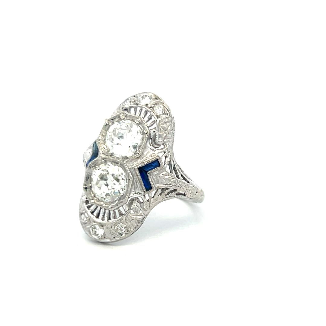 Art Deco Platinum Ring with 1.73ct Old European & Circular Brilliant Cut Diamond