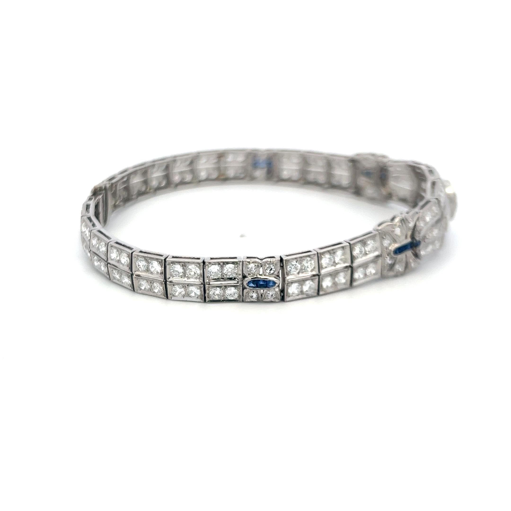 Platinum Art-Deco Bracelet with 4.70ct Diamonds & Sapphire Accents