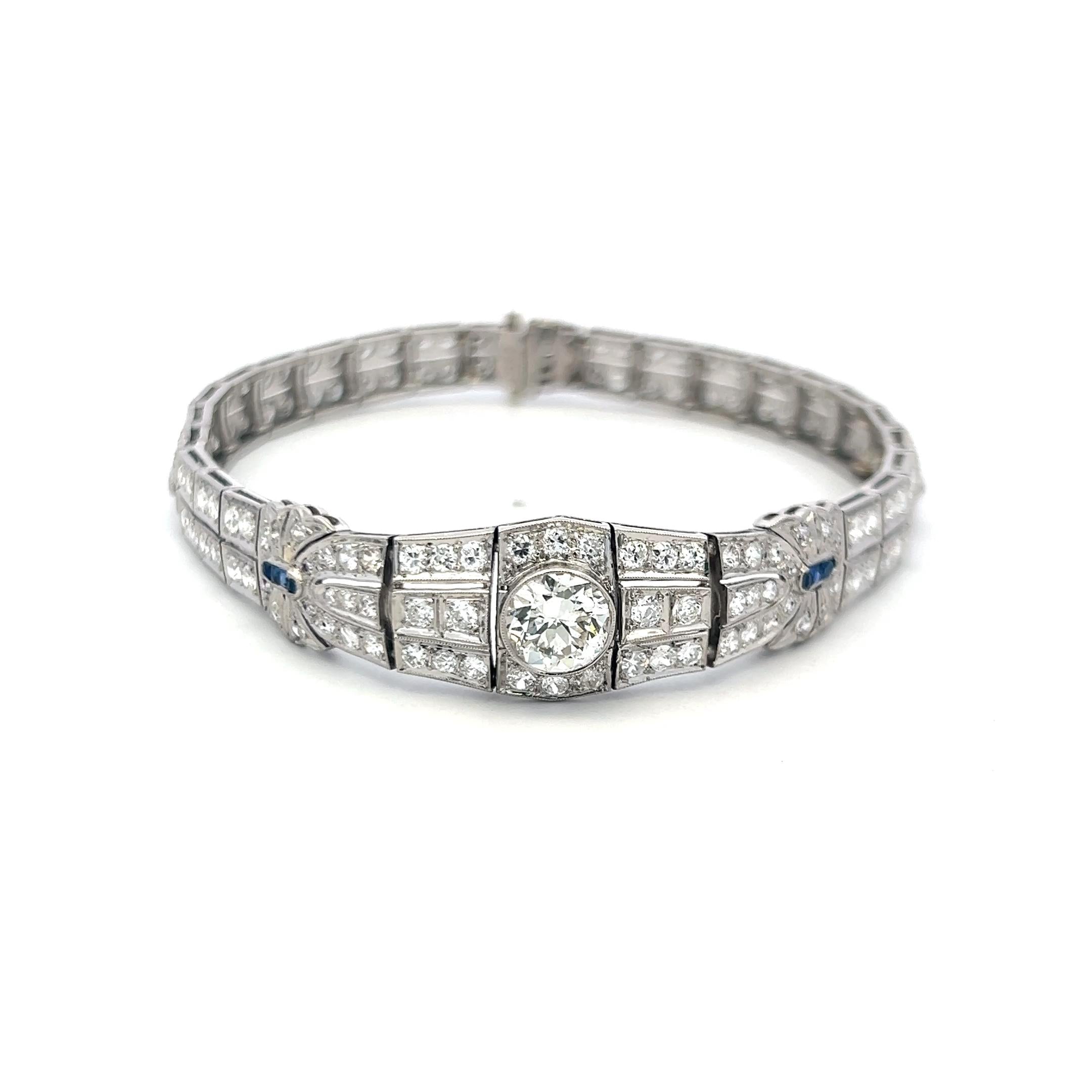Platinum Art-Deco Bracelet with 4.70ct Diamonds & Sapphire Accents