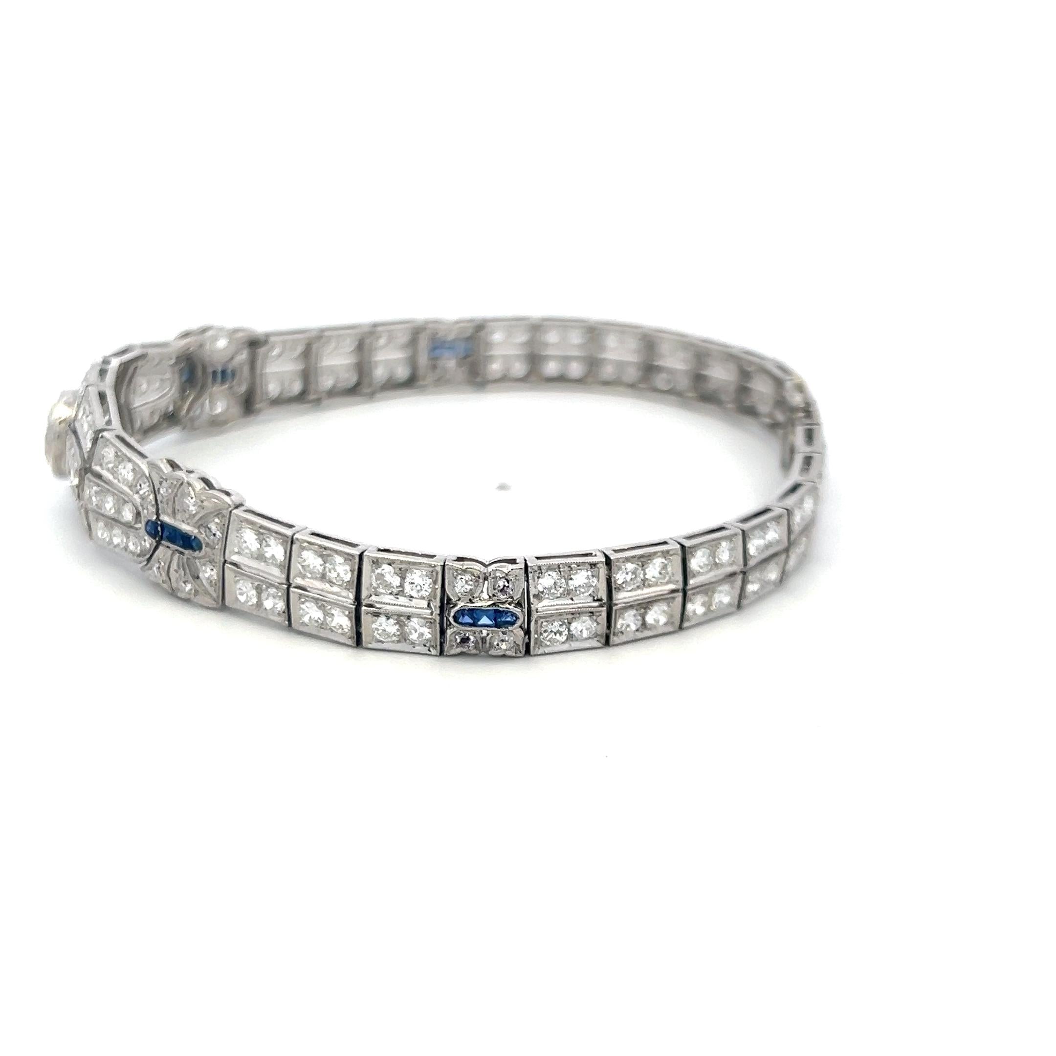 Platinum Art-Deco Bracelet with 4.70ct Diamonds & Sapphire Accents
