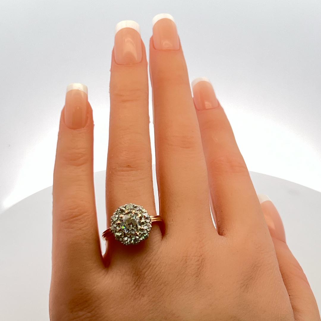 2.52 Carat Old European Cut J-F SI2 Diamond 14 Karat Yellow Gold Edwardian Ring