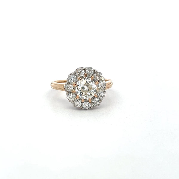 2.52 Carat Old European Cut J-F SI2 Diamond 14 Karat Yellow Gold Edwardian Ring