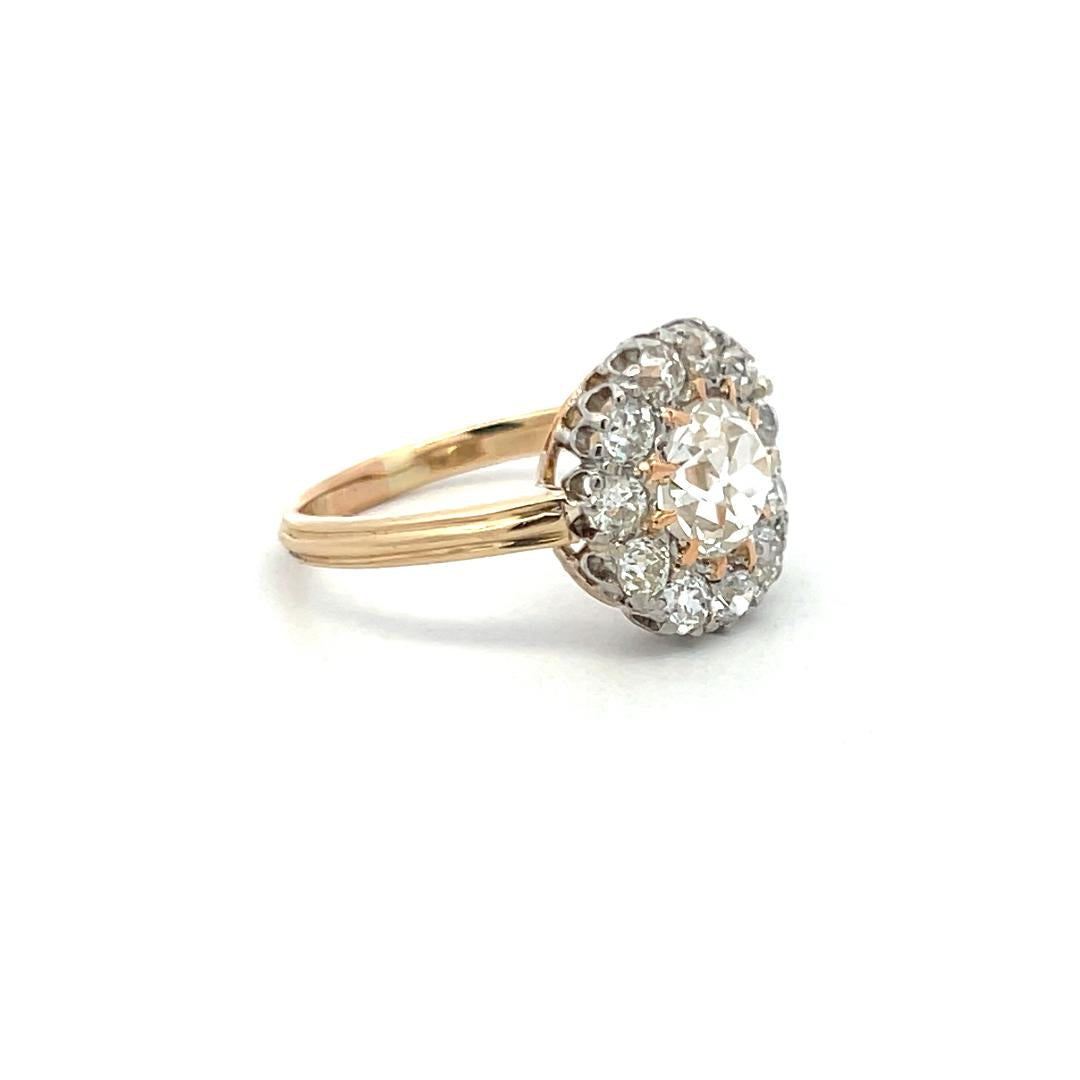 2.52 Carat Old European Cut J-F SI2 Diamond 14 Karat Yellow Gold Edwardian Ring
