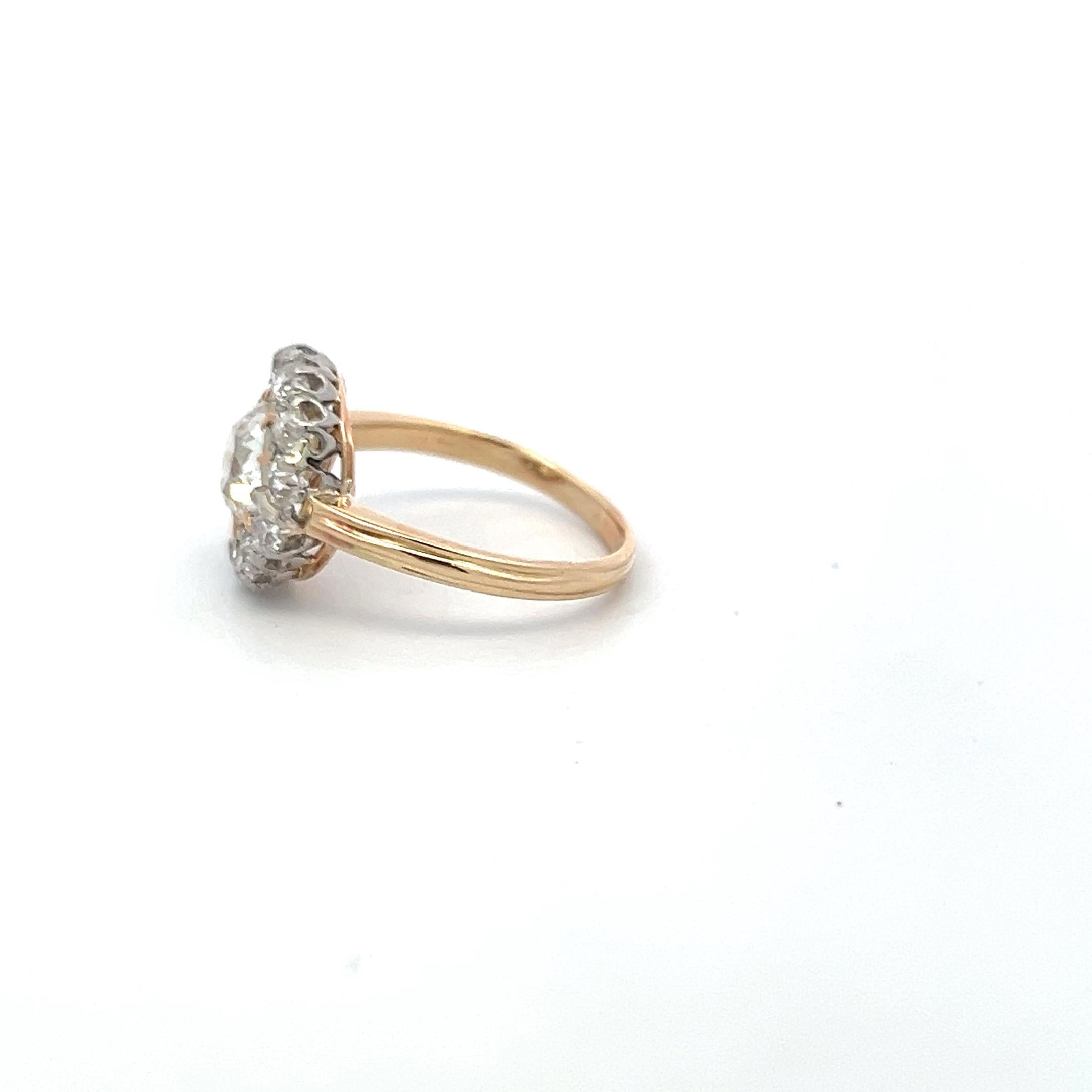 2.52 Carat Old European Cut J-F SI2 Diamond 14 Karat Yellow Gold Edwardian Ring