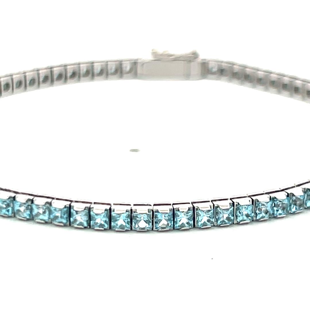 Vintage 14K White Gold Tennis Bracelet with 8 Carat Princess Cut Aquamarine