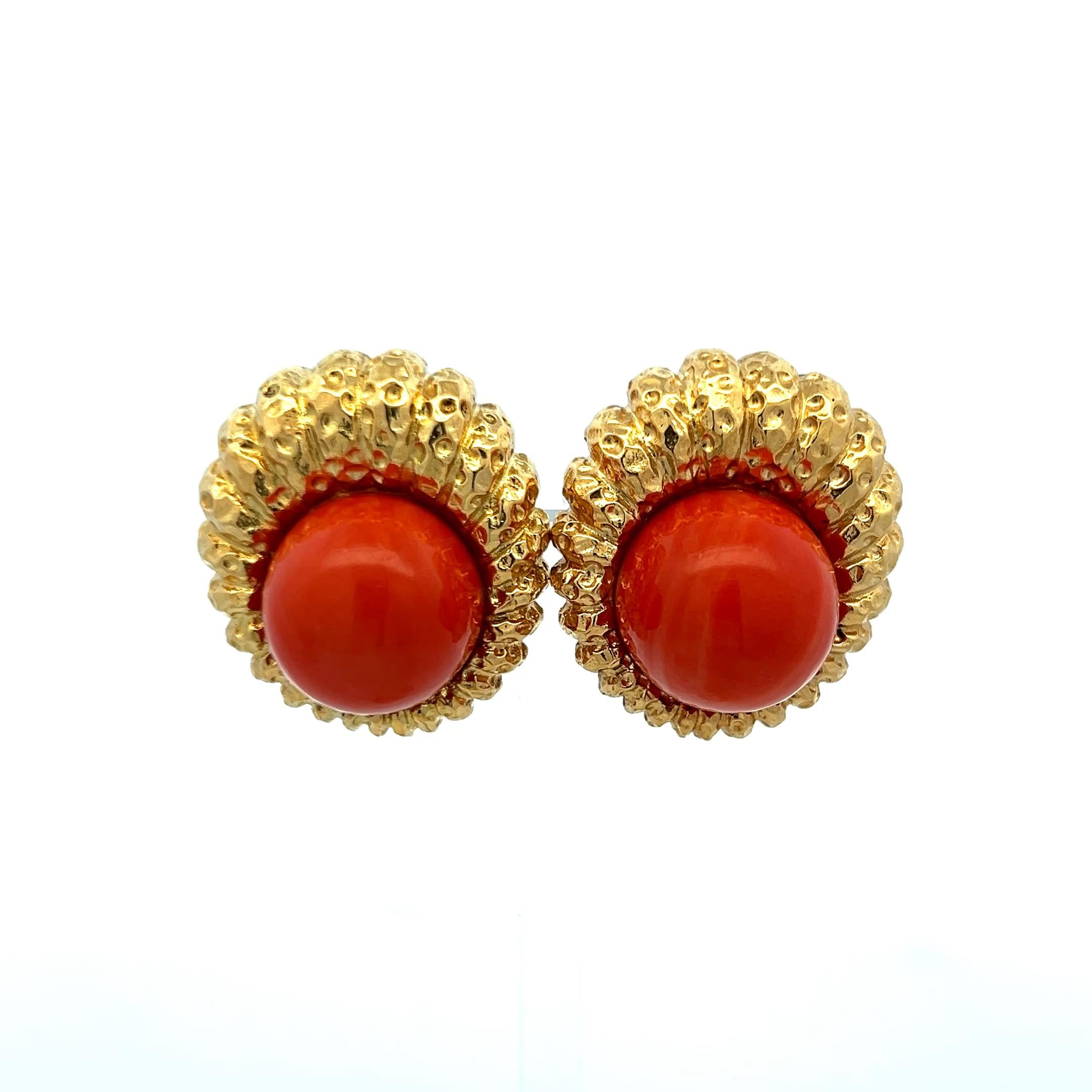 15.3-15.7MM Red Coral 18 Karat Yellow Gold Clip On Earrings
