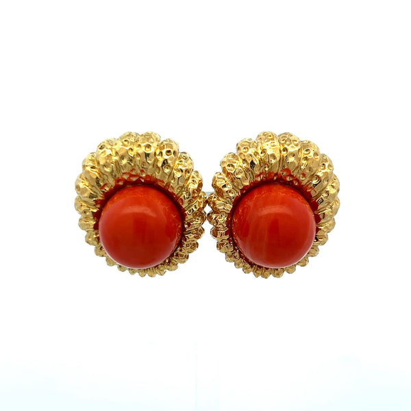 15.3-15.7MM Red Coral 18 Karat Yellow Gold Clip On Earrings