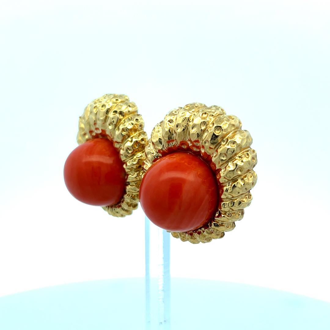 15.3-15.7MM Red Coral 18 Karat Yellow Gold Clip On Earrings