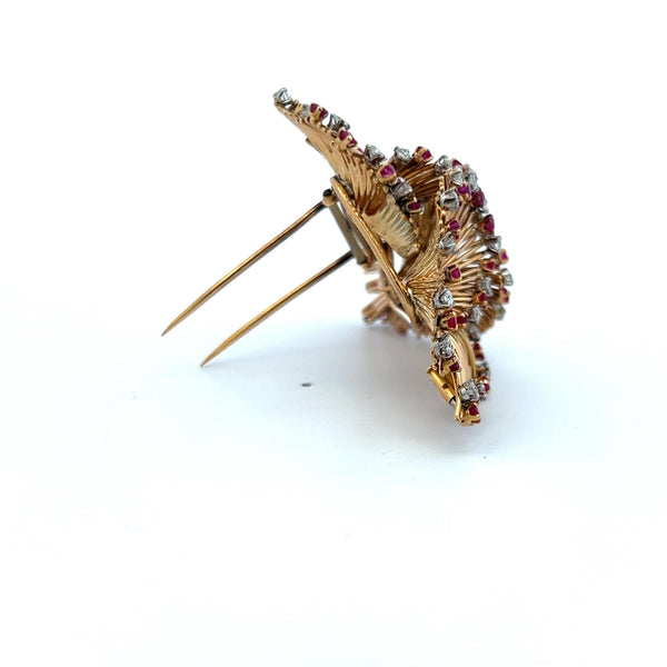 2.50 Carat Round Diamond 1.90 Carat Ruby 18 Karat Yellow Gold Pin Brooch