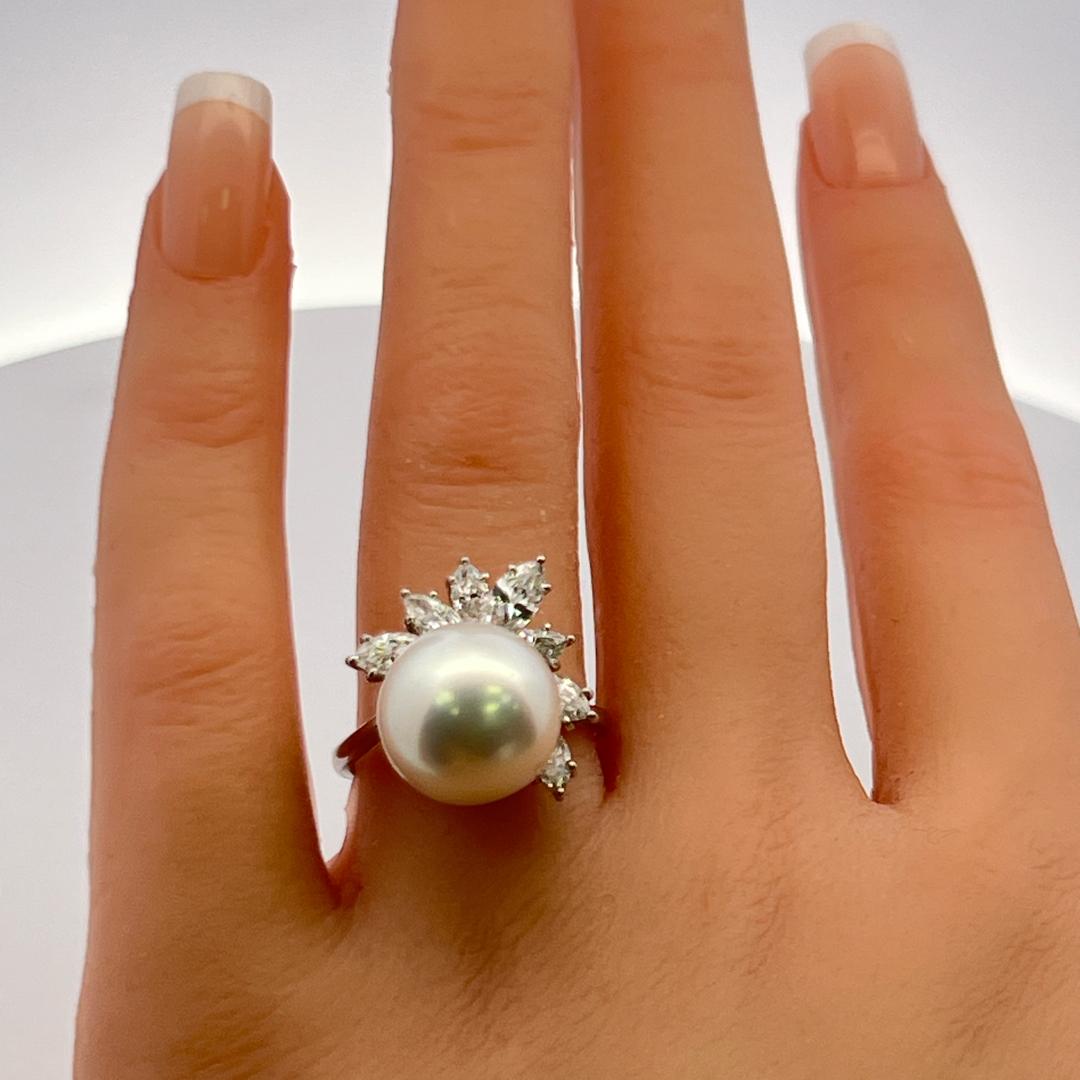 Platinum Cocktail Ring with 1.4 Carat Marquis Diamonds & 12.1-12.7 MM Pearl