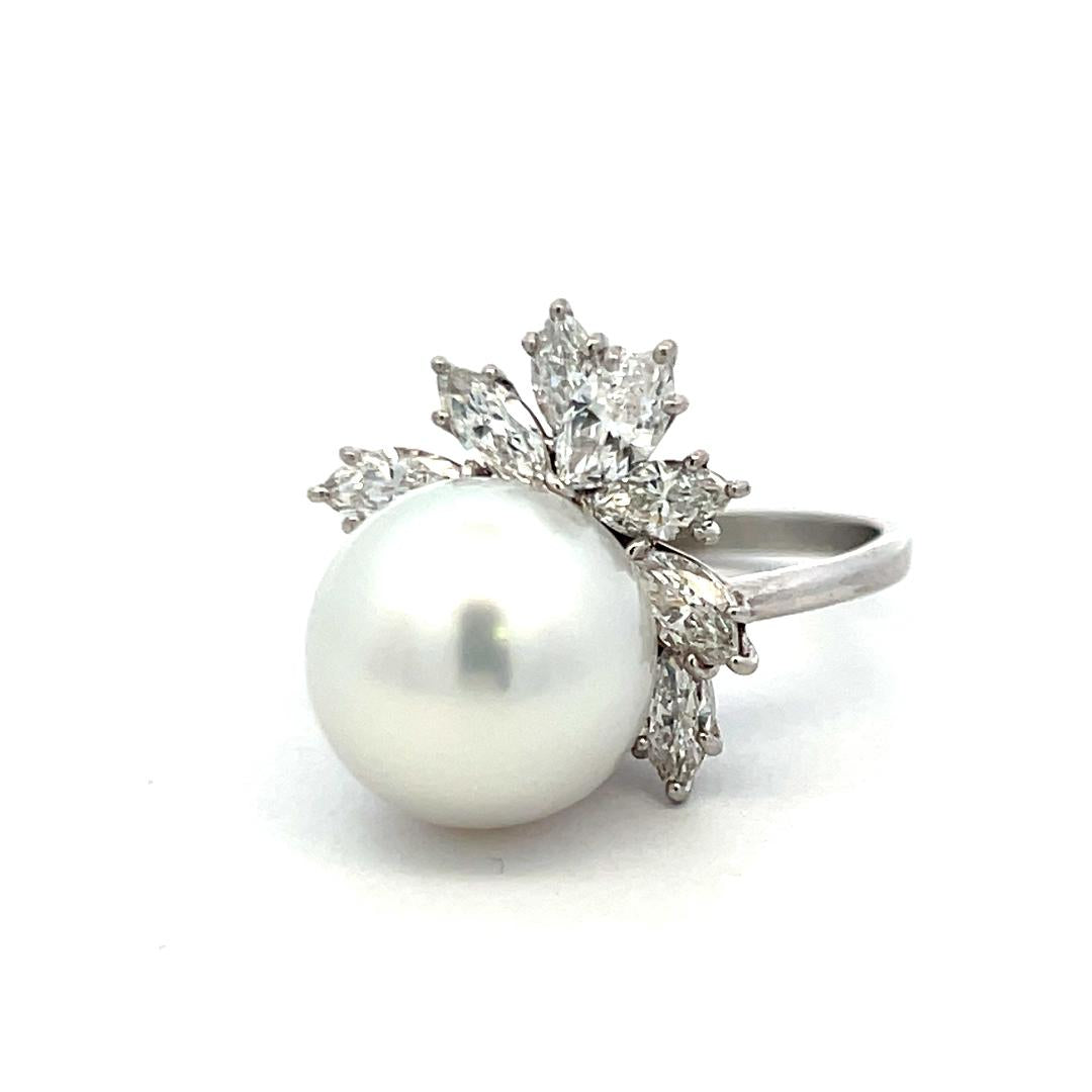 Platinum Cocktail Ring with 1.4 Carat Marquis Diamonds & 12.1-12.7 MM Pearl