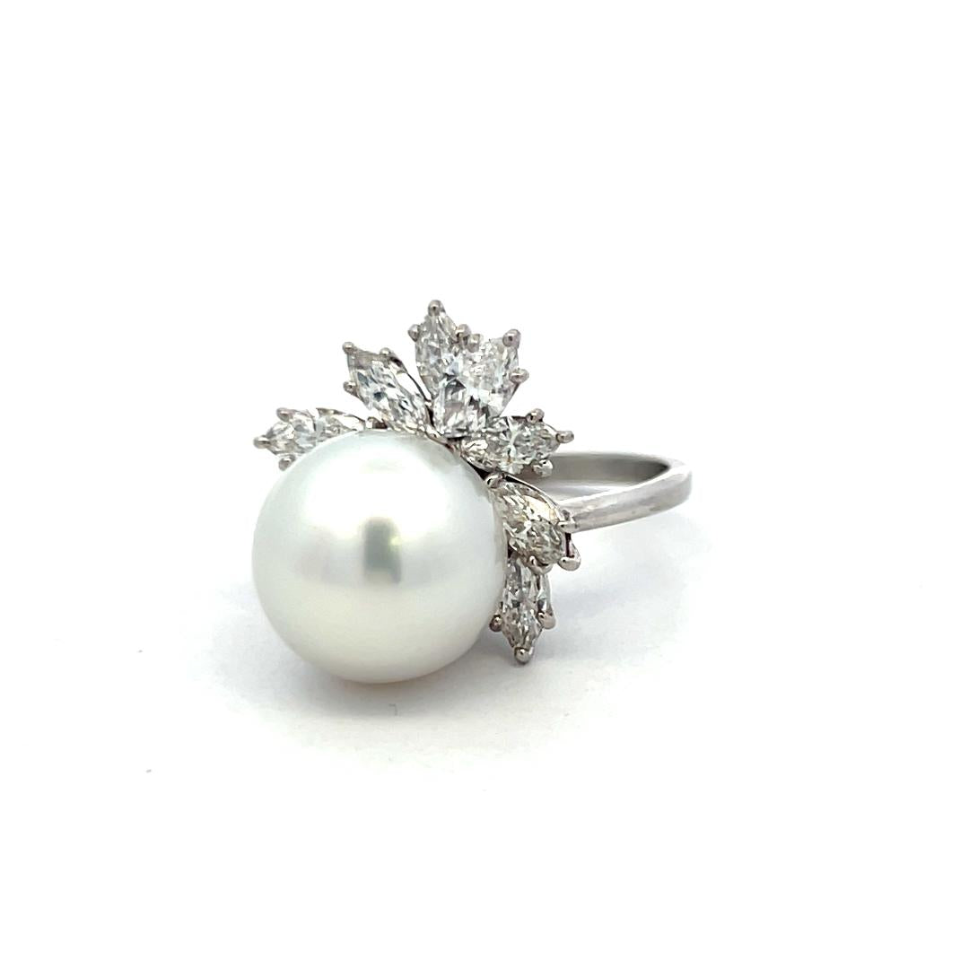 Platinum Cocktail Ring with 1.4 Carat Marquis Diamonds & 12.1-12.7 MM Pearl