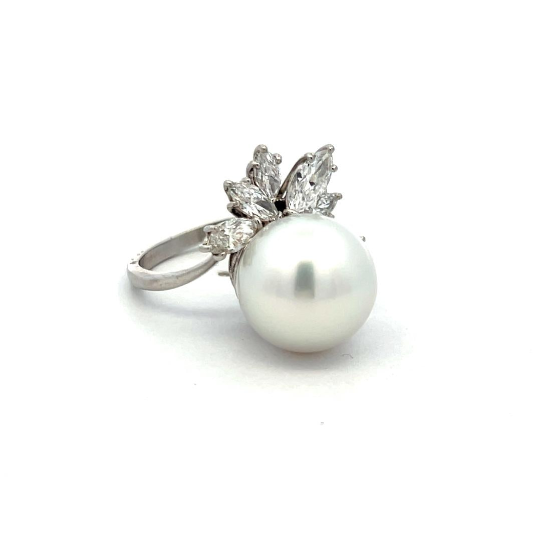 Platinum Cocktail Ring with 1.4 Carat Marquis Diamonds & 12.1-12.7 MM Pearl
