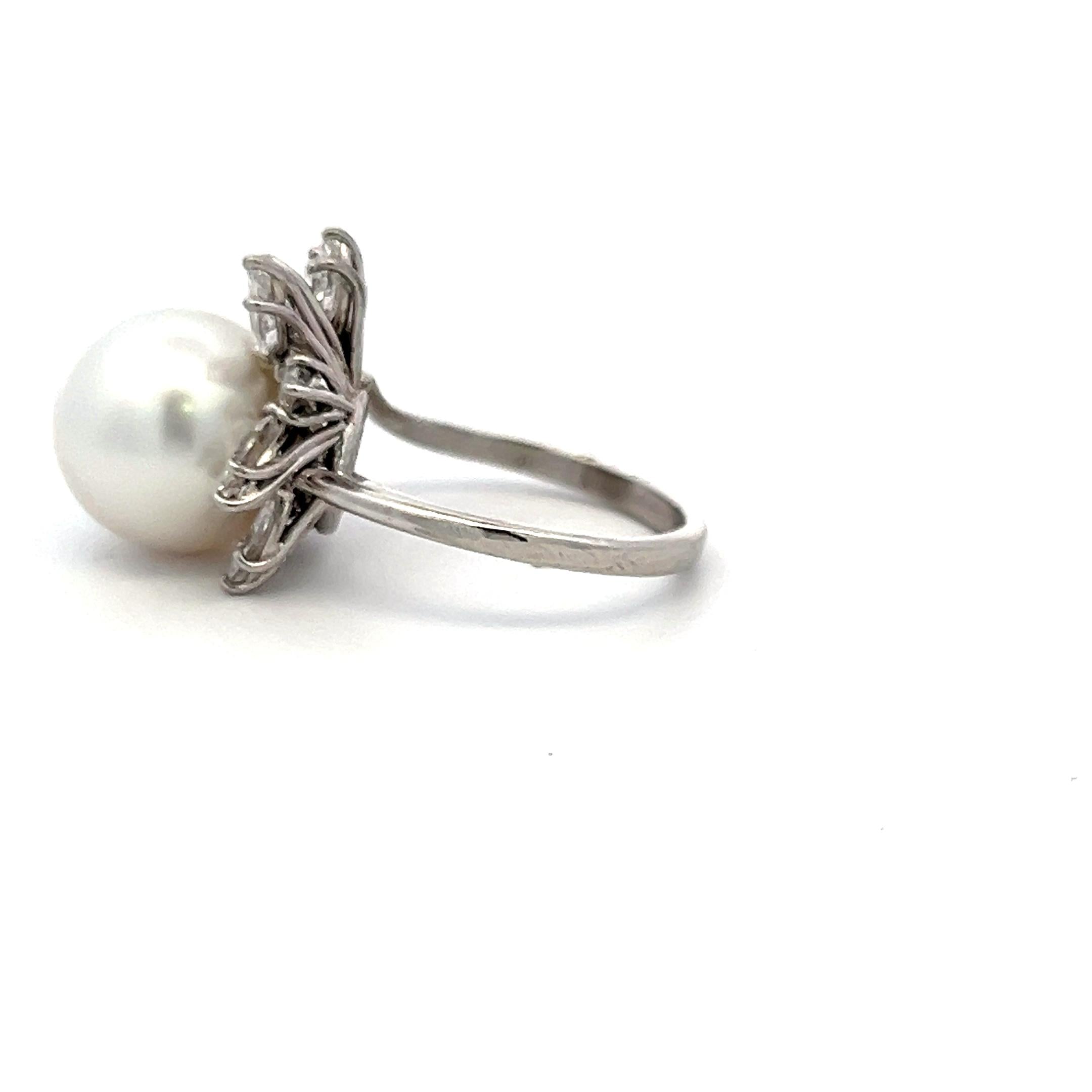 Platinum Cocktail Ring with 1.4 Carat Marquis Diamonds & 12.1-12.7 MM Pearl