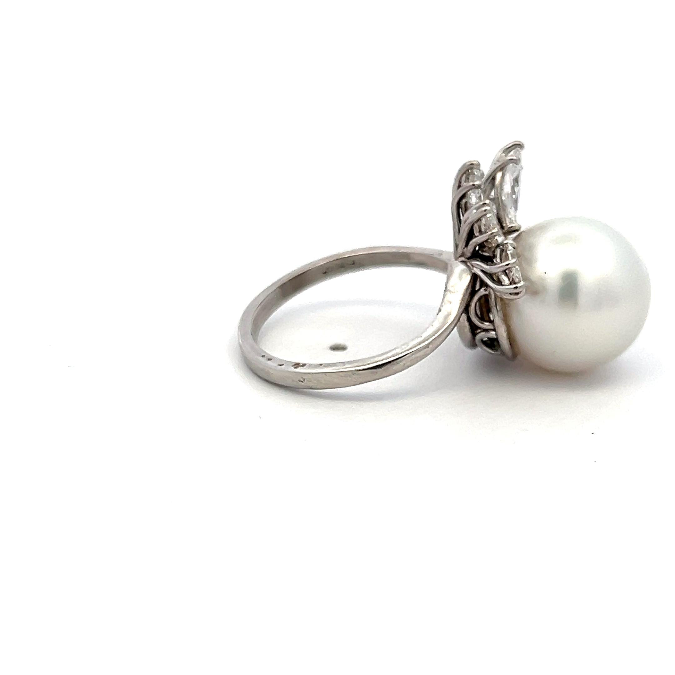 Platinum Cocktail Ring with 1.4 Carat Marquis Diamonds & 12.1-12.7 MM Pearl