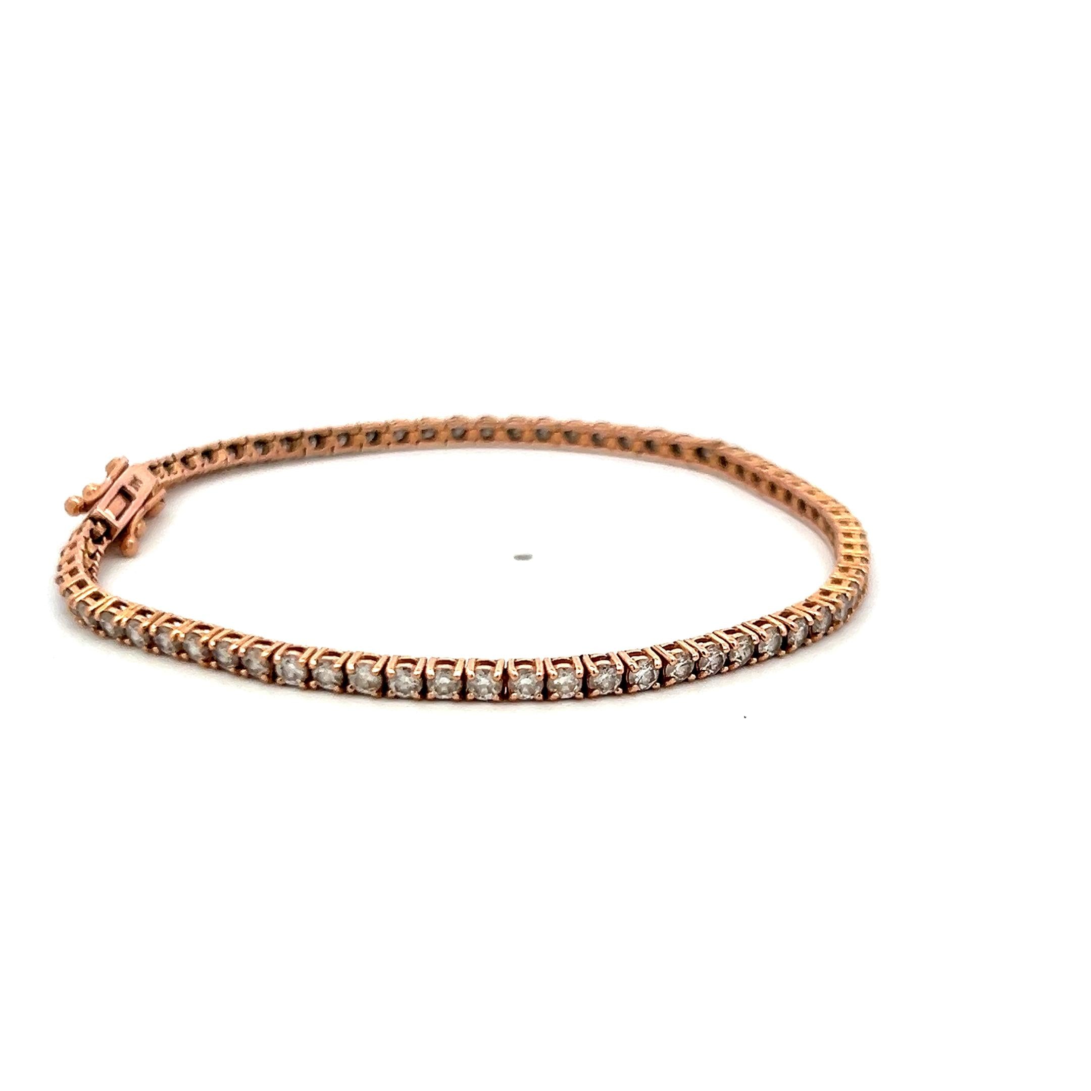 Vintage 14K Rose Gold Tennis Bracelet with 3.1 Carat G VS Round Diamonds