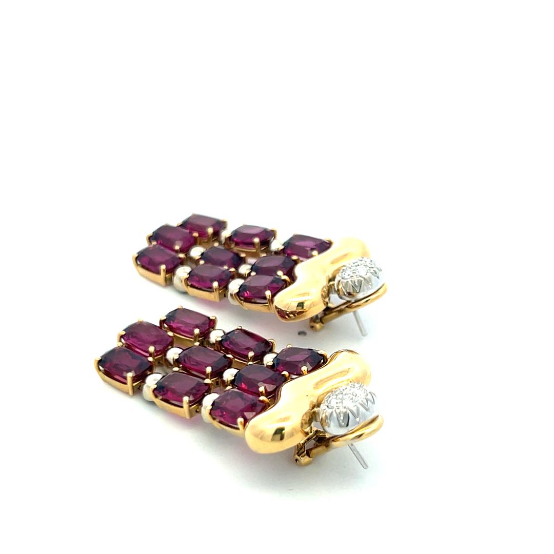 24.50 Carat Rube 0.30 Carat Round Brilliant Diamond 18K YG Dangling Earrings