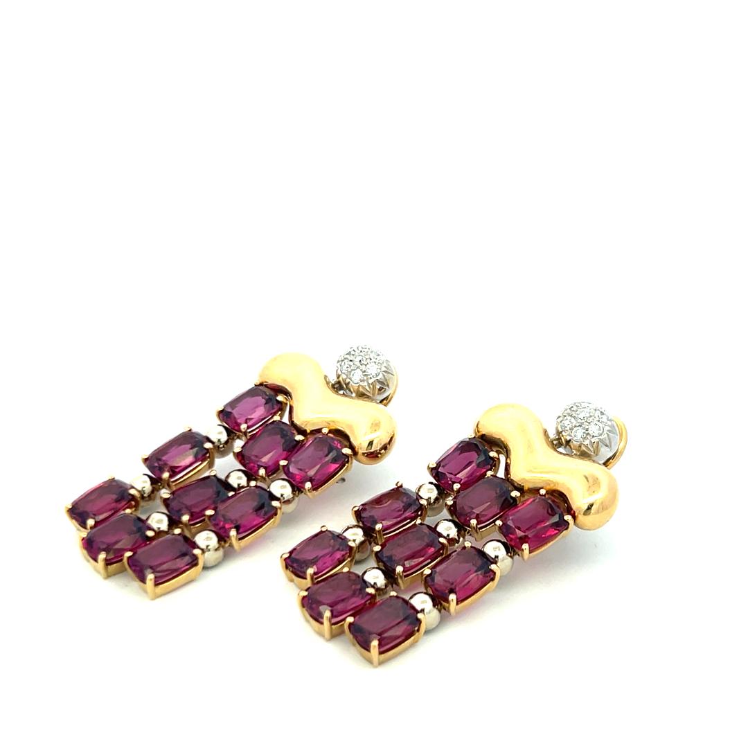 24.50 Carat Rube 0.30 Carat Round Brilliant Diamond 18K YG Dangling Earrings