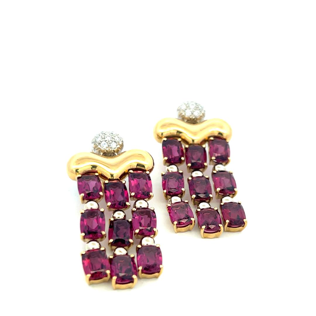 24.50 Carat Rube 0.30 Carat Round Brilliant Diamond 18K YG Dangling Earrings