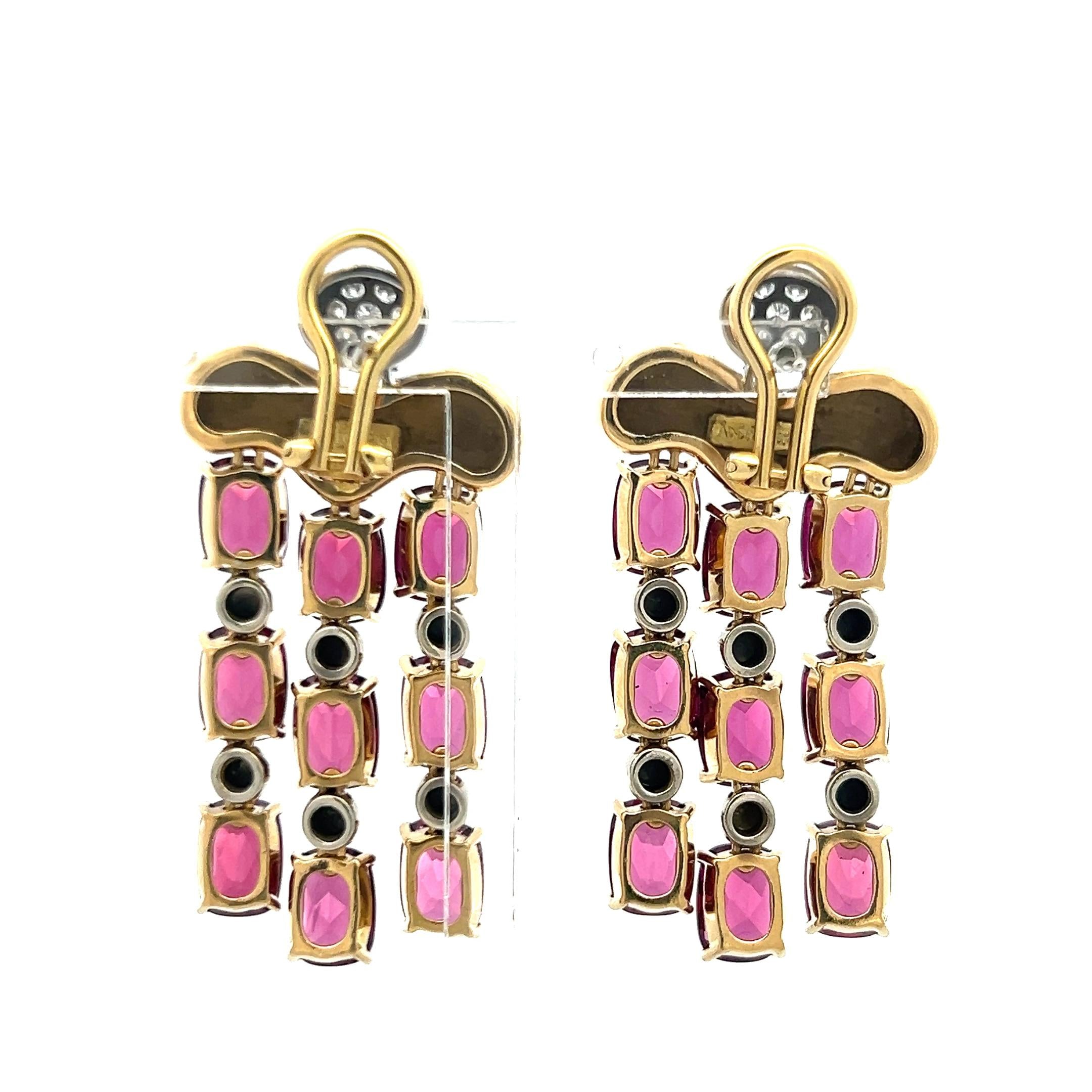 24.50 Carat Rube 0.30 Carat Round Brilliant Diamond 18K YG Dangling Earrings