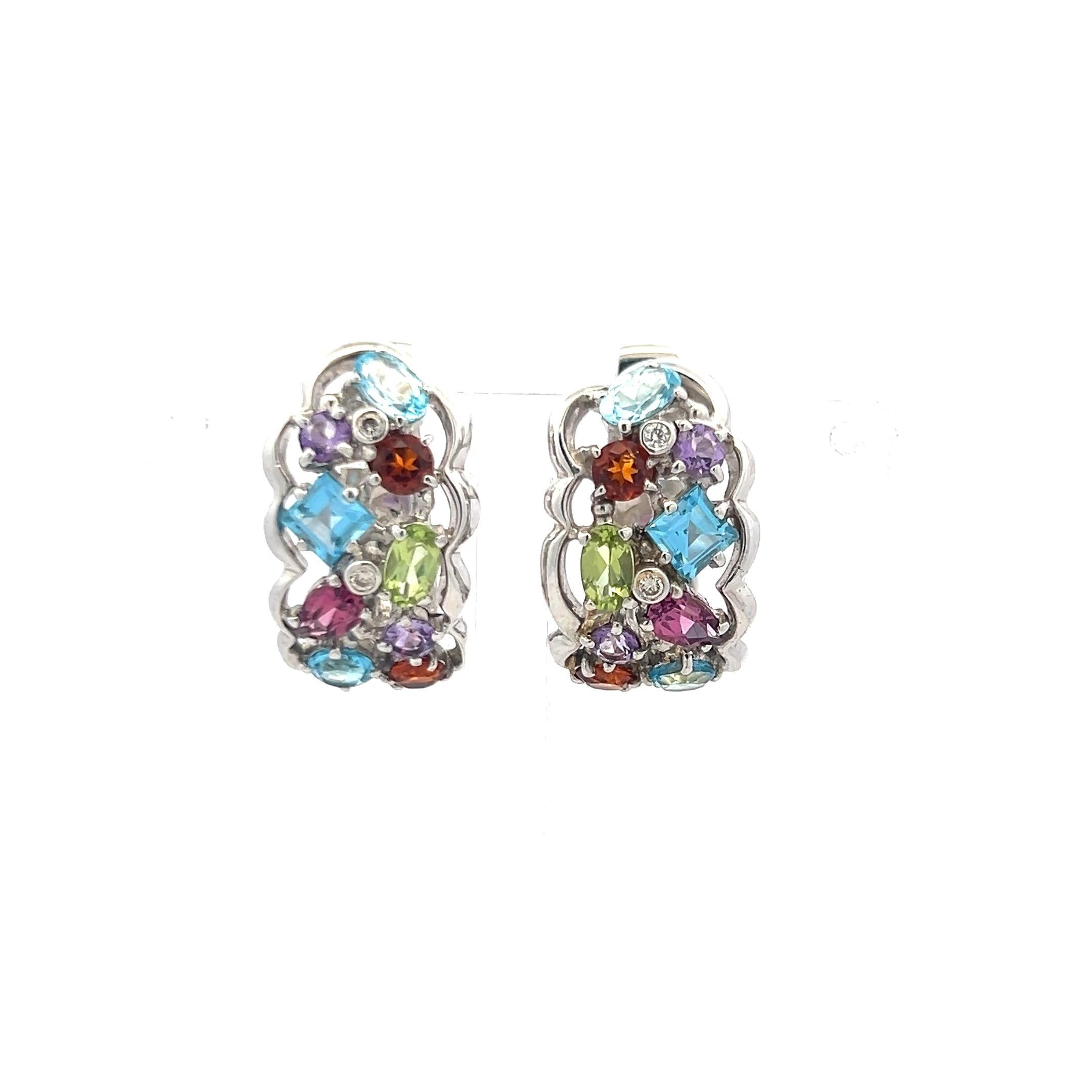 18K White Gold Huggie Earrings with 0.04 Carat Diamonds & 4 Carat Multi-Gems