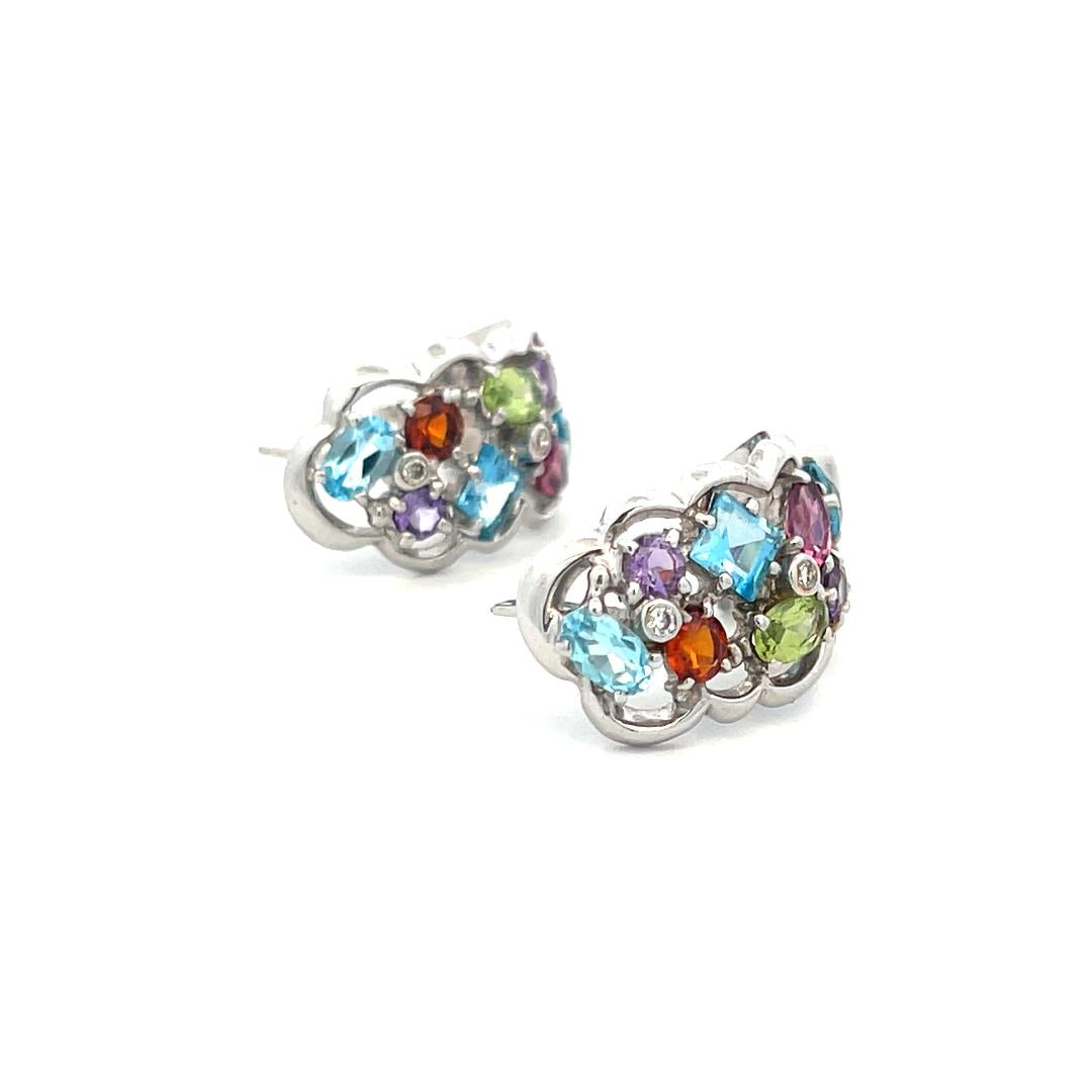 18K White Gold Huggie Earrings with 0.04 Carat Diamonds & 4 Carat Multi-Gems