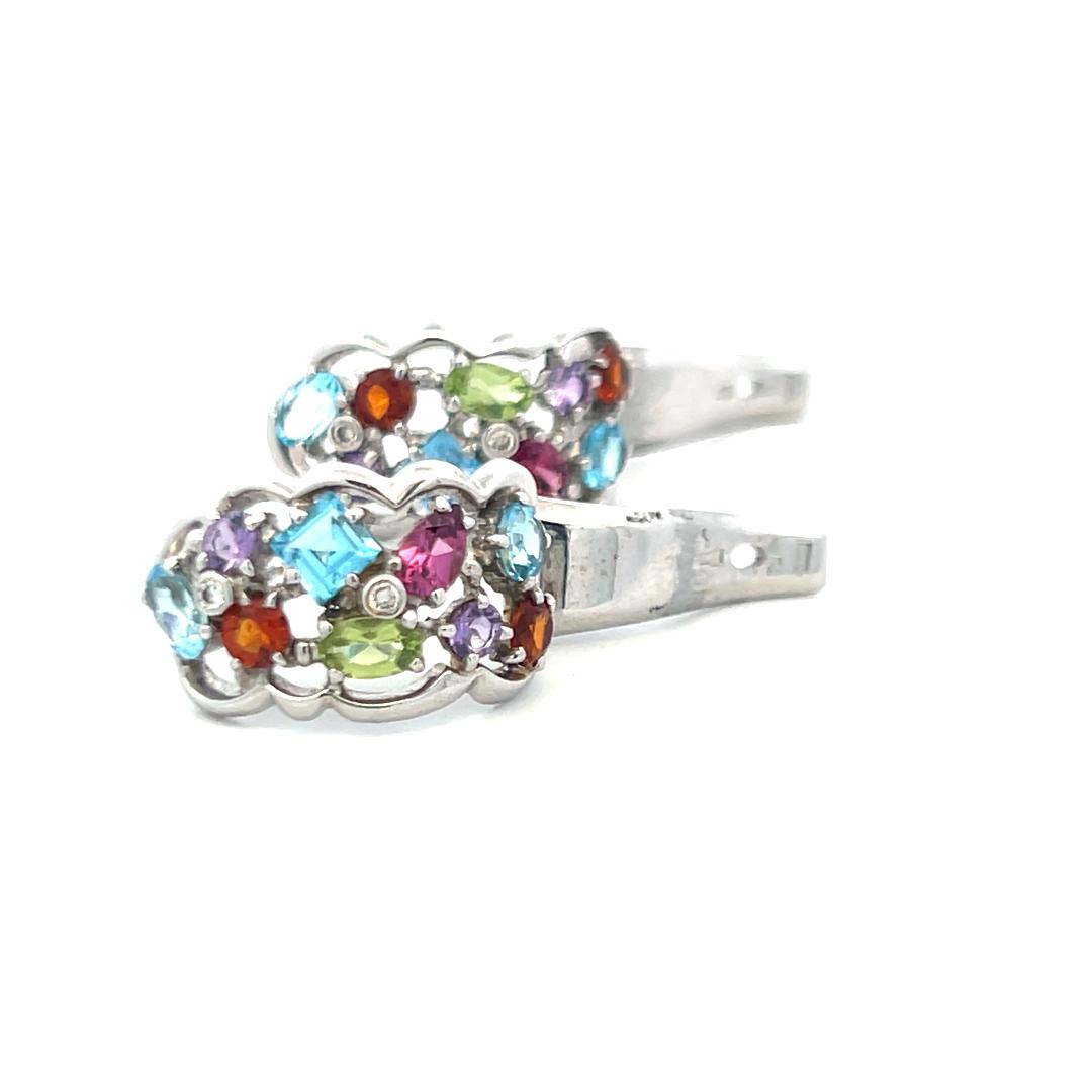 18K White Gold Huggie Earrings with 0.04 Carat Diamonds & 4 Carat Multi-Gems