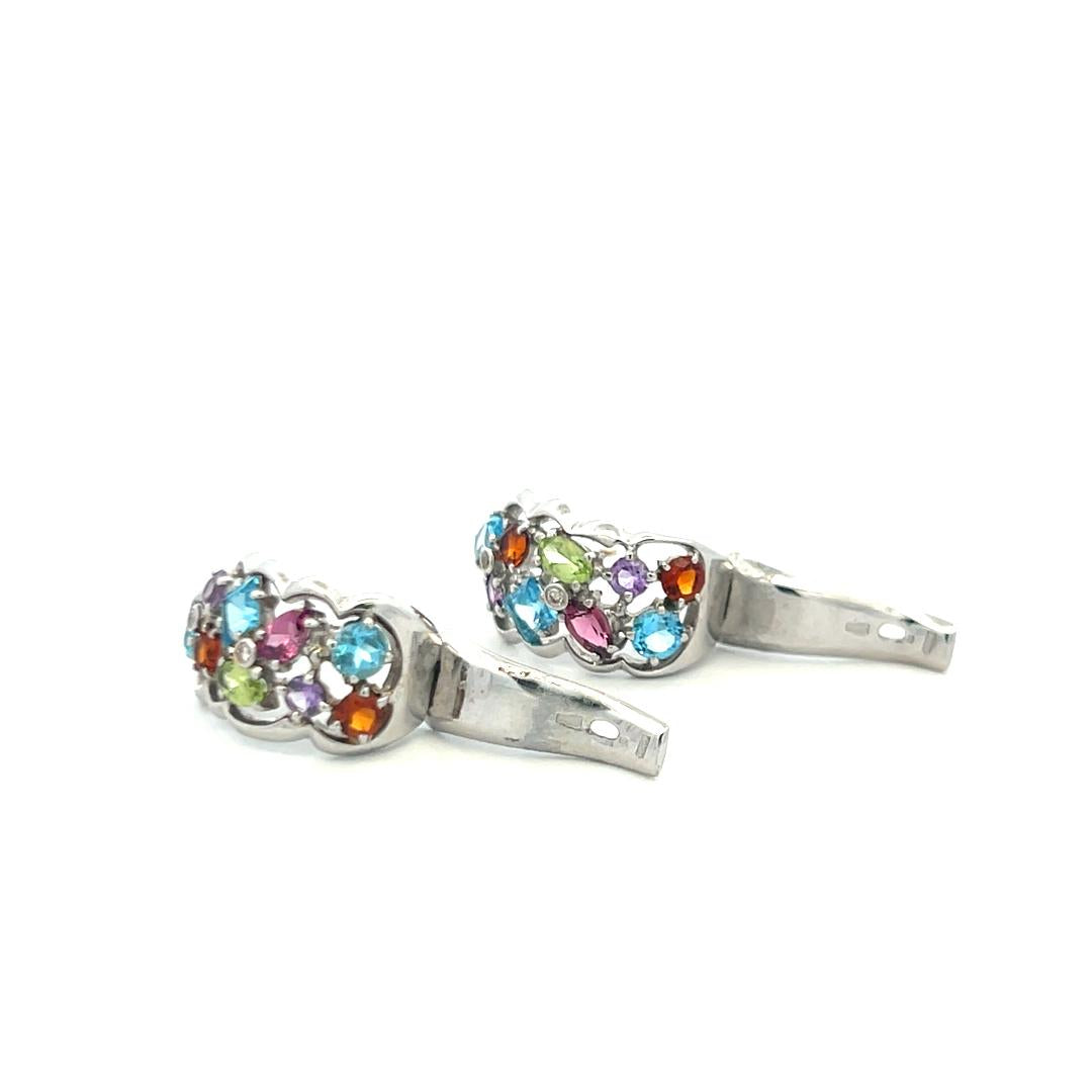 18K White Gold Huggie Earrings with 0.04 Carat Diamonds & 4 Carat Multi-Gems