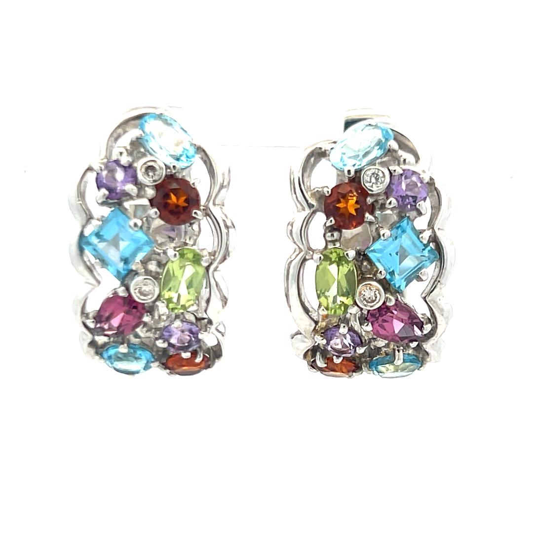 18K White Gold Huggie Earrings with 0.04 Carat Diamonds & 4 Carat Multi-Gems