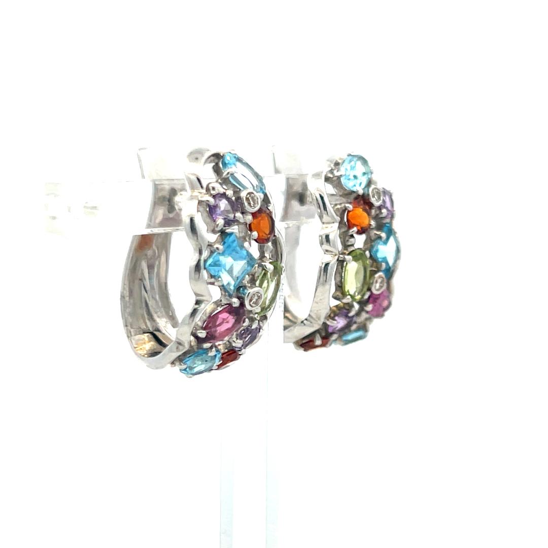 18K White Gold Huggie Earrings with 0.04 Carat Diamonds & 4 Carat Multi-Gems