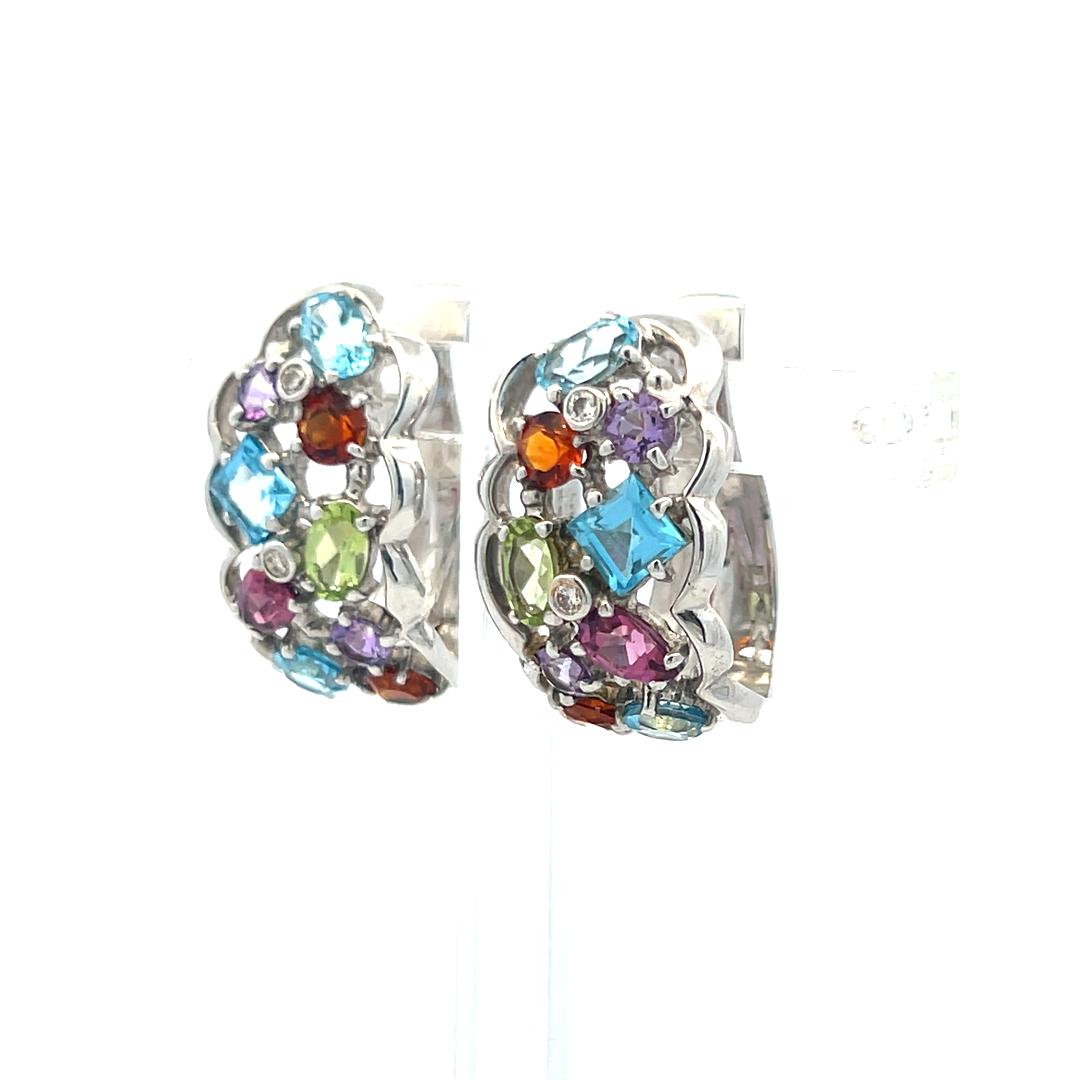 18K White Gold Huggie Earrings with 0.04 Carat Diamonds & 4 Carat Multi-Gems