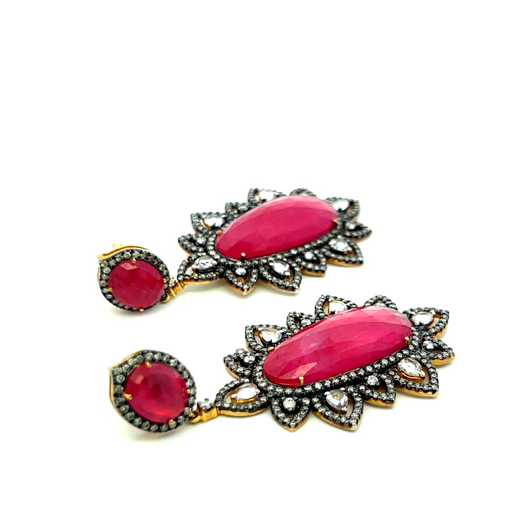 3.90 Carat Round-Pear Shape Diamond 26.5-11.9 MM Ruby 18K Gold-Silver Earrings