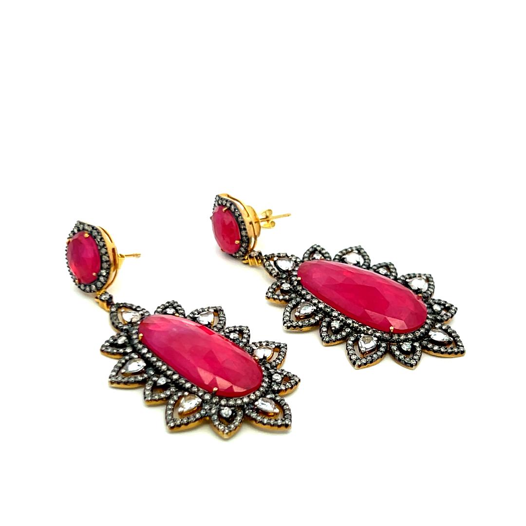3.90 Carat Round-Pear Shape Diamond 26.5-11.9 MM Ruby 18K Gold-Silver Earrings