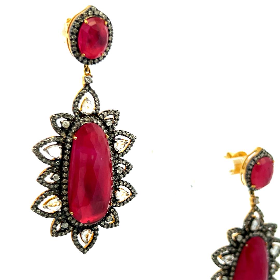 3.90 Carat Round-Pear Shape Diamond 26.5-11.9 MM Ruby 18K Gold-Silver Earrings
