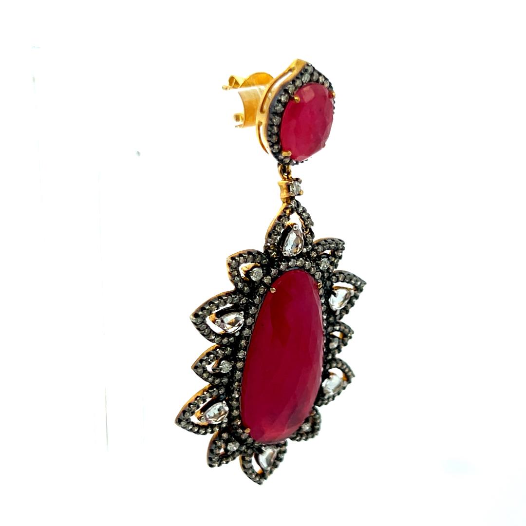 3.90 Carat Round-Pear Shape Diamond 26.5-11.9 MM Ruby 18K Gold-Silver Earrings