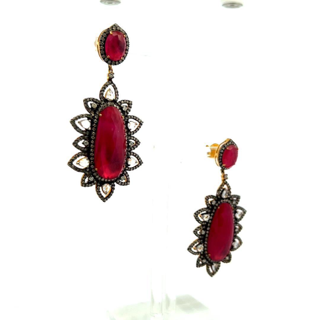 3.90 Carat Round-Pear Shape Diamond 26.5-11.9 MM Ruby 18K Gold-Silver Earrings