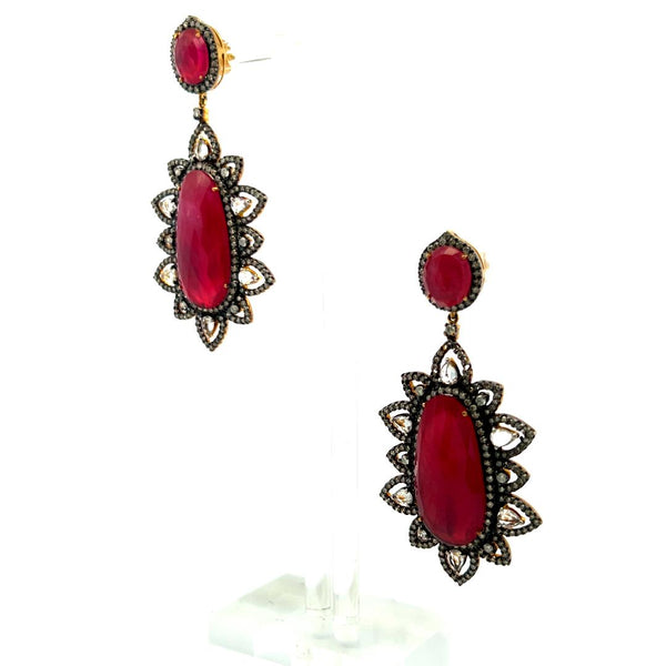 3.90 Carat Round-Pear Shape Diamond 26.5-11.9 MM Ruby 18K Gold-Silver Earrings