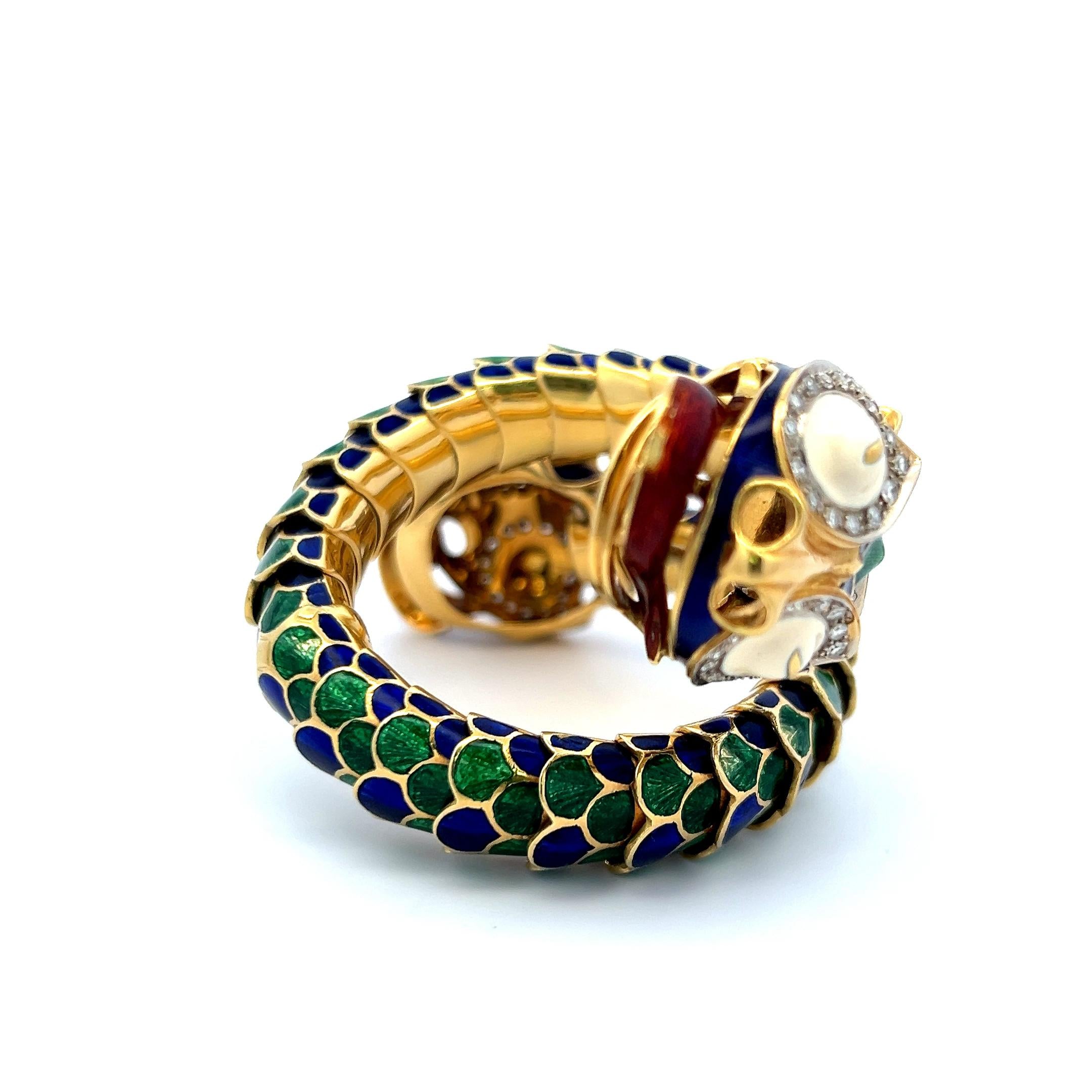 David Webb Vintage 18K Yellow Gold Enamel Dragon Bangle Bracelet 147.5 Grams