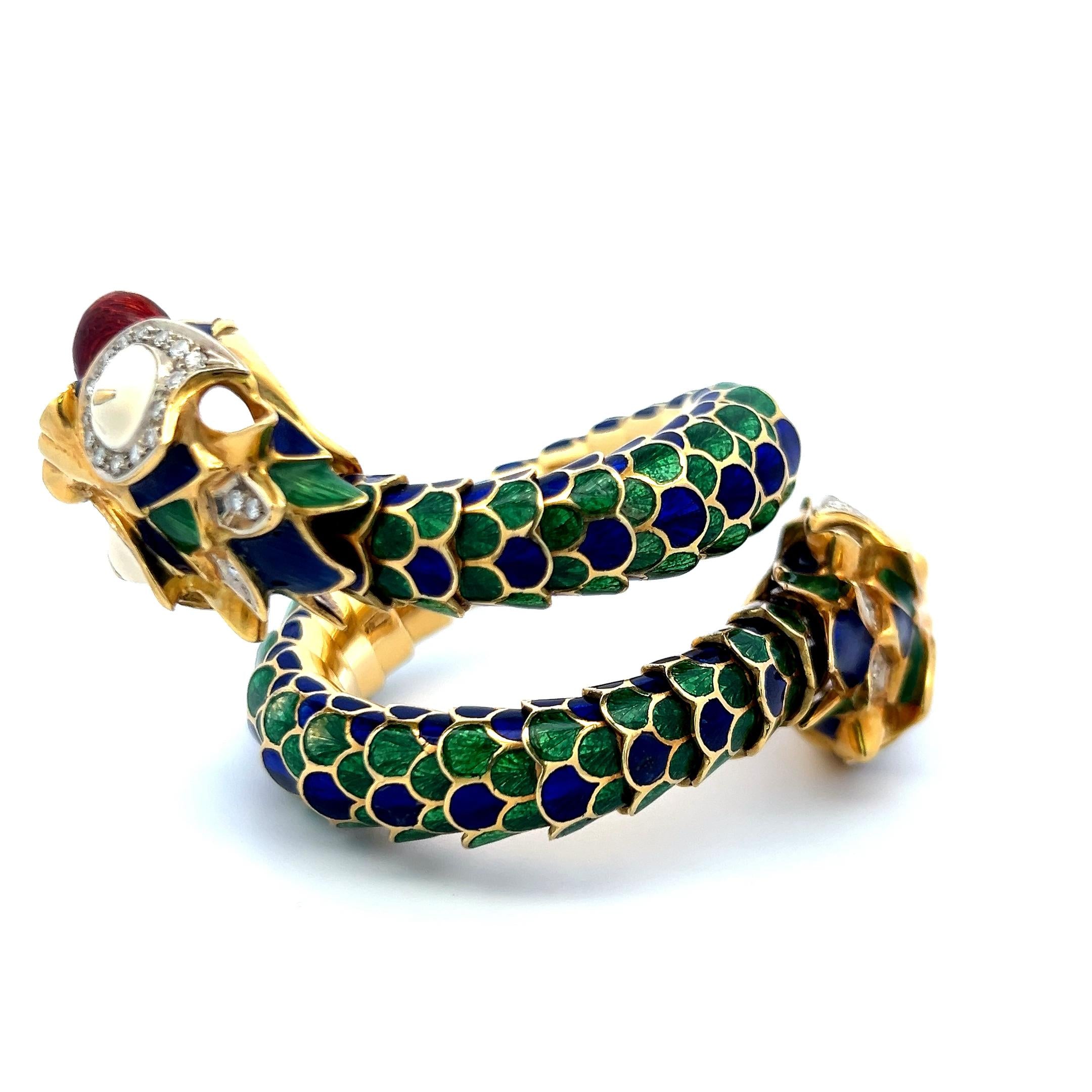 David Webb Vintage 18K Yellow Gold Enamel Dragon Bangle Bracelet 147.5 Grams