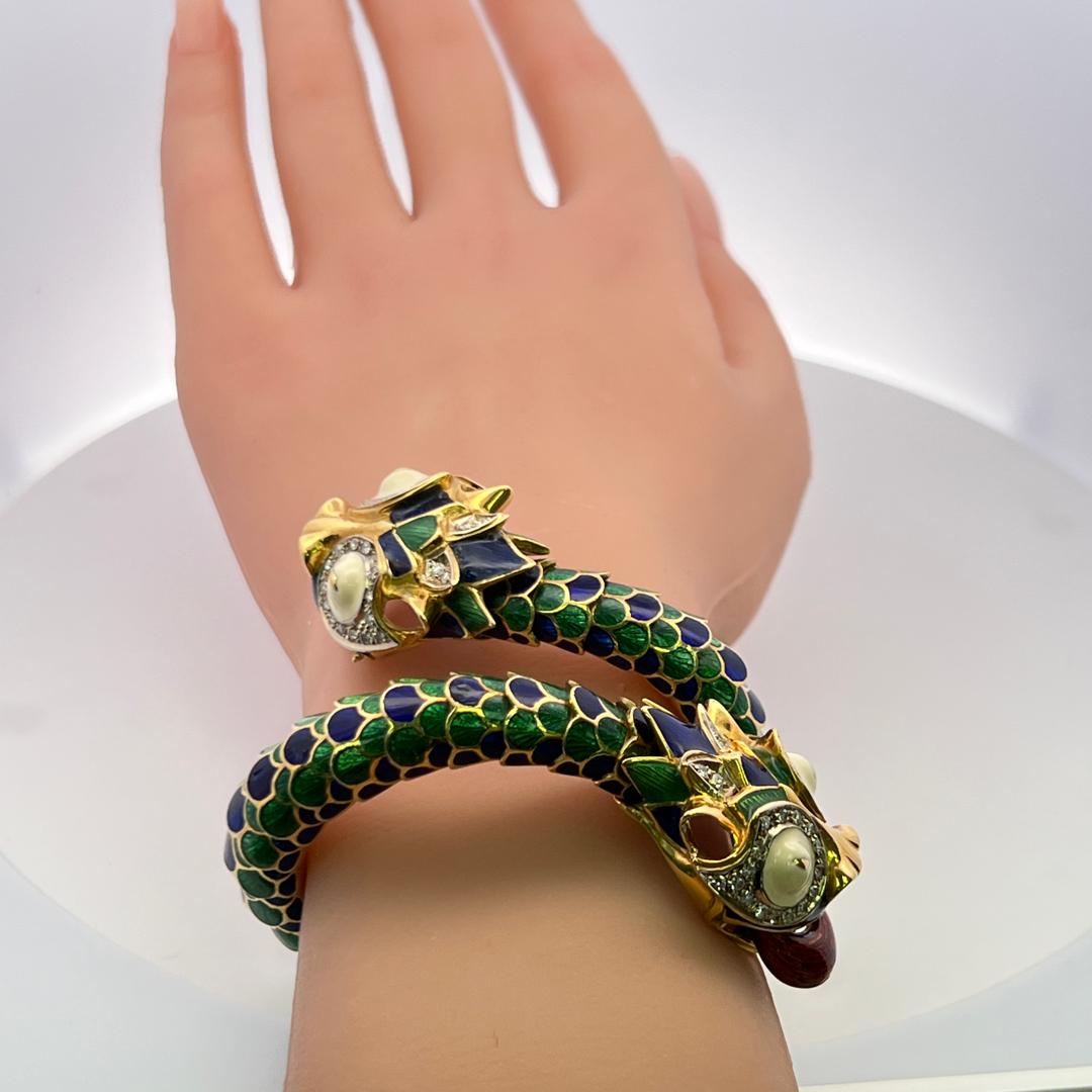 David Webb Vintage 18K Yellow Gold Enamel Dragon Bangle Bracelet 147.5 Grams