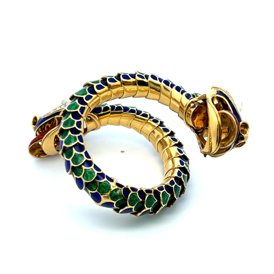 David Webb Vintage 18K Yellow Gold Enamel Dragon Bangle Bracelet 147.5 Grams