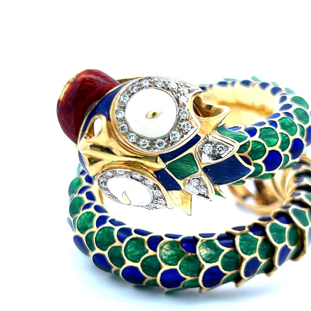 David Webb Vintage 18K Yellow Gold Enamel Dragon Bangle Bracelet 147.5 Grams